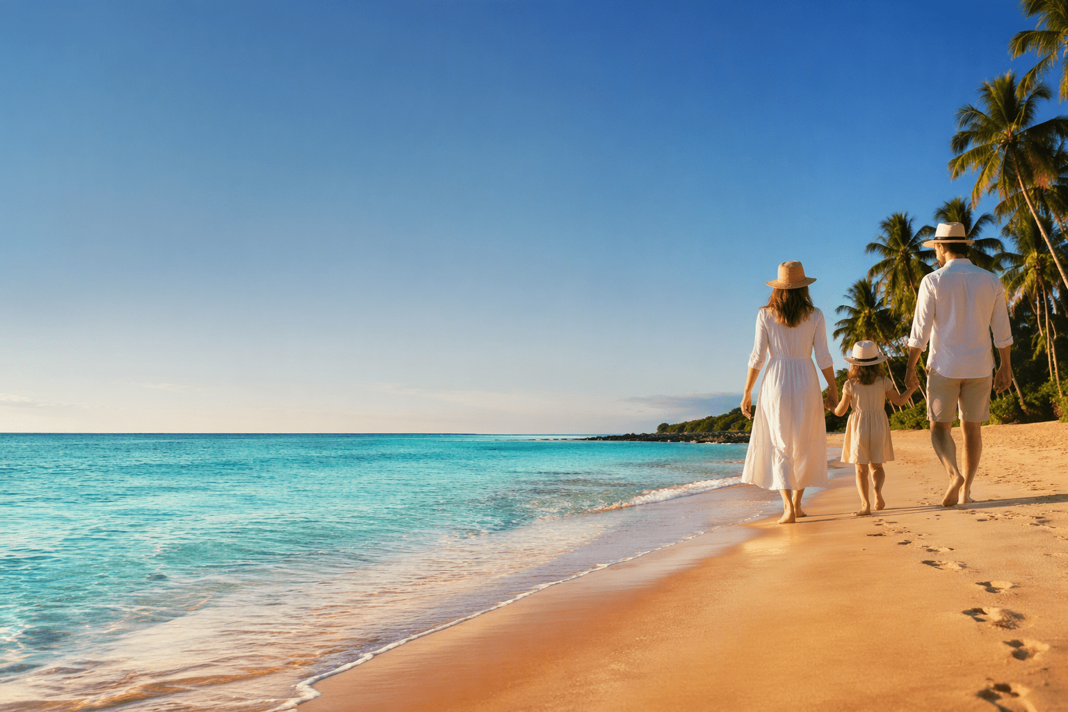 People walking along a sunny beach beside clear blue water